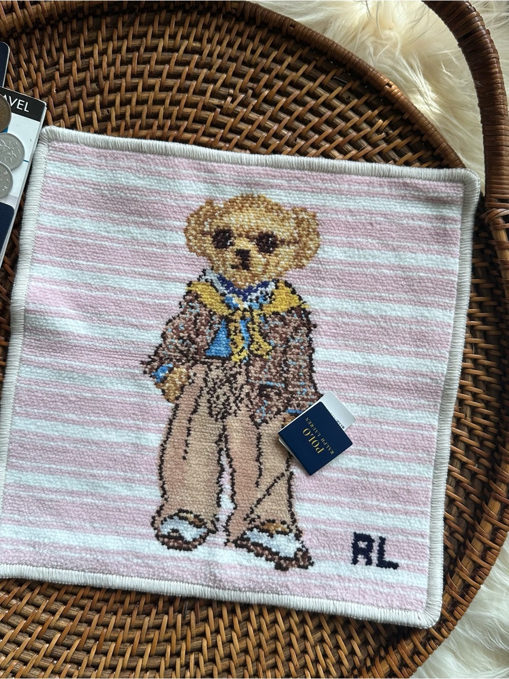 Polo Ralph Lauren Bear Pink Stripe Washcloth Japan Hankerchief RL Monogram New